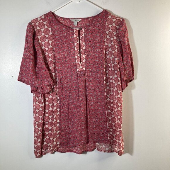 Lucky Brand Tops - Womens Lucky Brand Short Sleeve Blouse Peep Hole Front XL Orange Cream XL Viscos